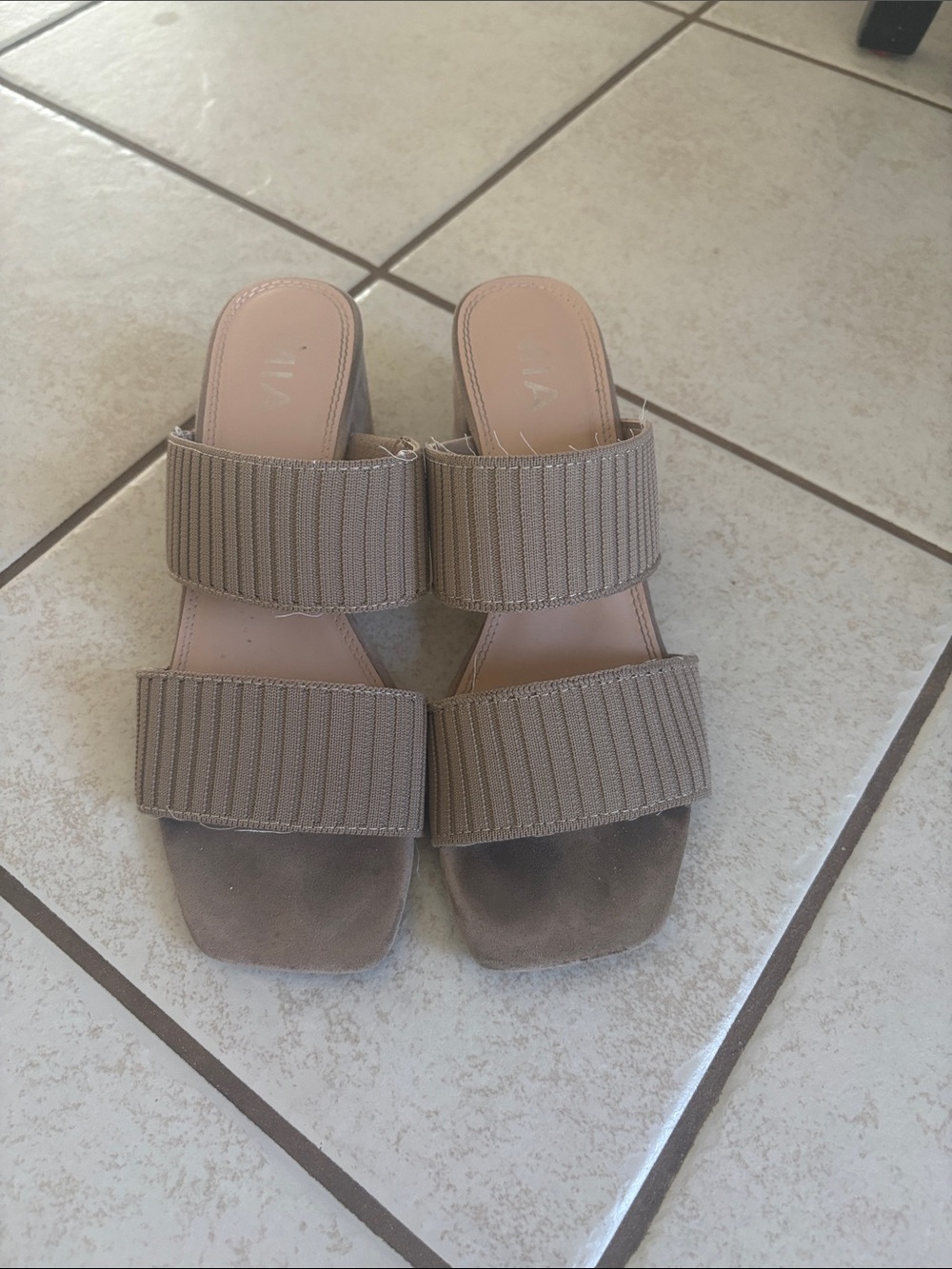 MIA Taupe Double-Strap Ribbed Slide Heels